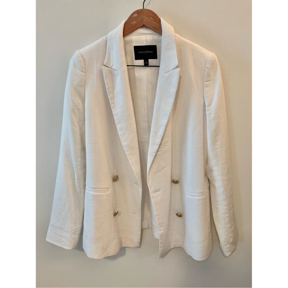 Banana Republic White Double-Breasted Textured Blazer with Gold Buttons